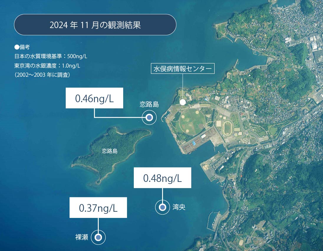 【2024年8月の観測結果】恋路島：0.46ng/L、裸瀬：0.37ng/L、湾央：0.48ng/L ●備考日本の水質環境基準：500ng/L 東京湾の水銀濃度：1.0ng/L（2002〜2003年に調査）