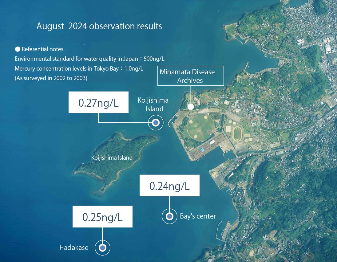 August 2024 observation results Koijishima Island：0.27ng/L、Hadakase：0.25ng/L、Bay's center：0.24ng/L ●Referential notes Environmental standard for water quality in Japan：500ng/L Mercury concentration levels in Tokyo Bay：1.0ng/L (As surveyed in 2002 to 2003)